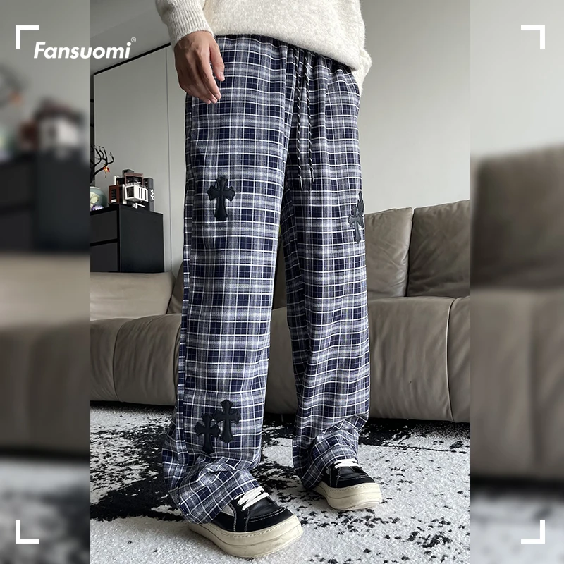 范索米潮流十字架格子阔腿裤男士2025秋季新款时尚洋气直筒休闲裤