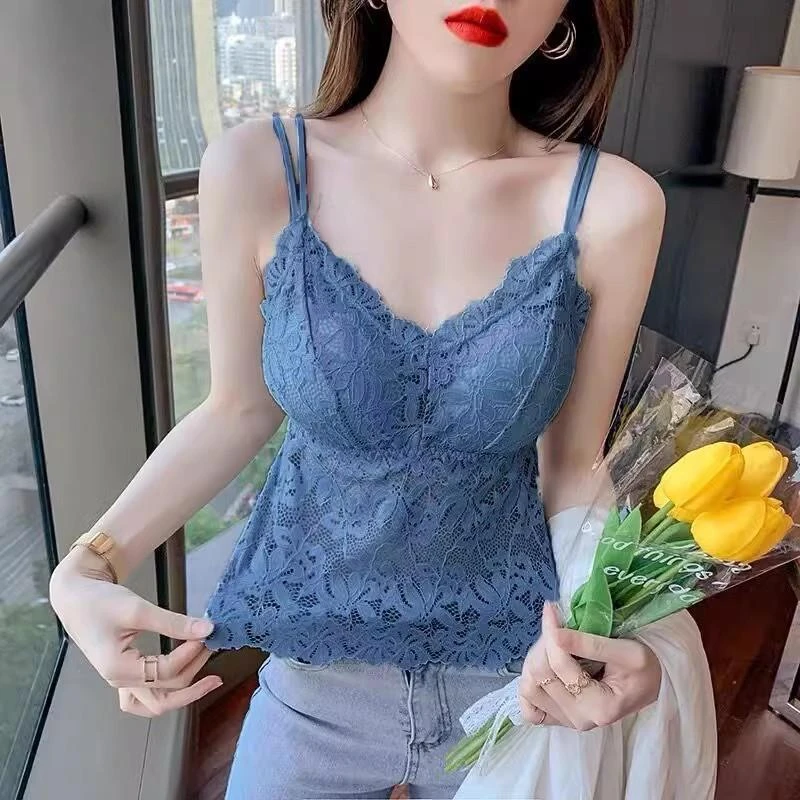 内搭夏季薄款打底衫女蕾丝吊带背心女带胸垫镂空外穿法式美背