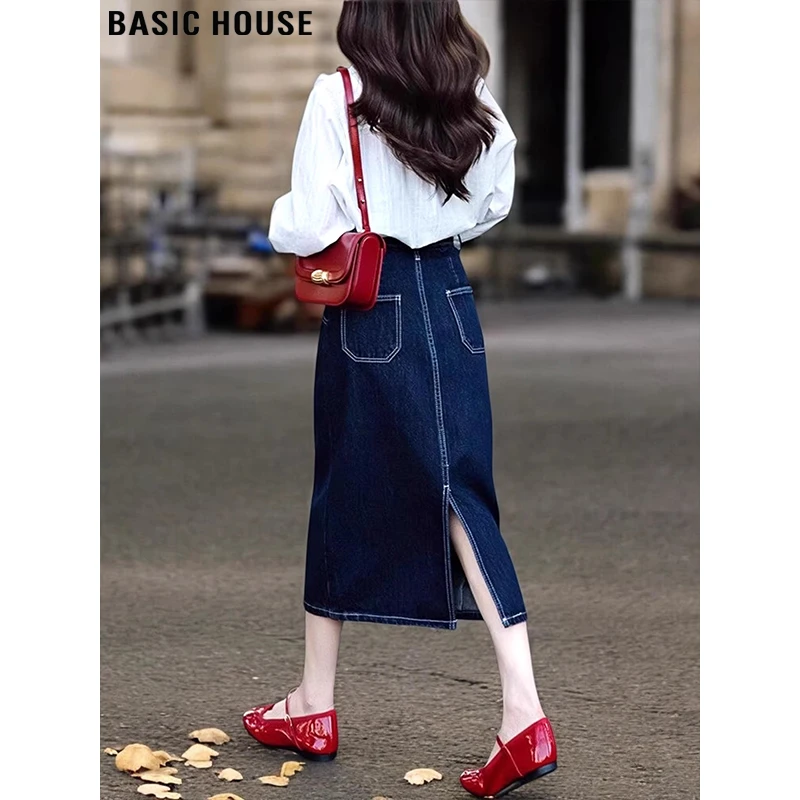 Basic House/百家好复古后开叉牛仔半身裙女早秋高腰遮胯包臀裙子