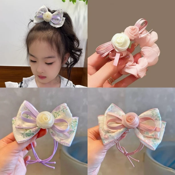 儿童复古小清新玫瑰花朵发圈蝴蝶结甜美少女扎丸子马尾橡皮筋头绳