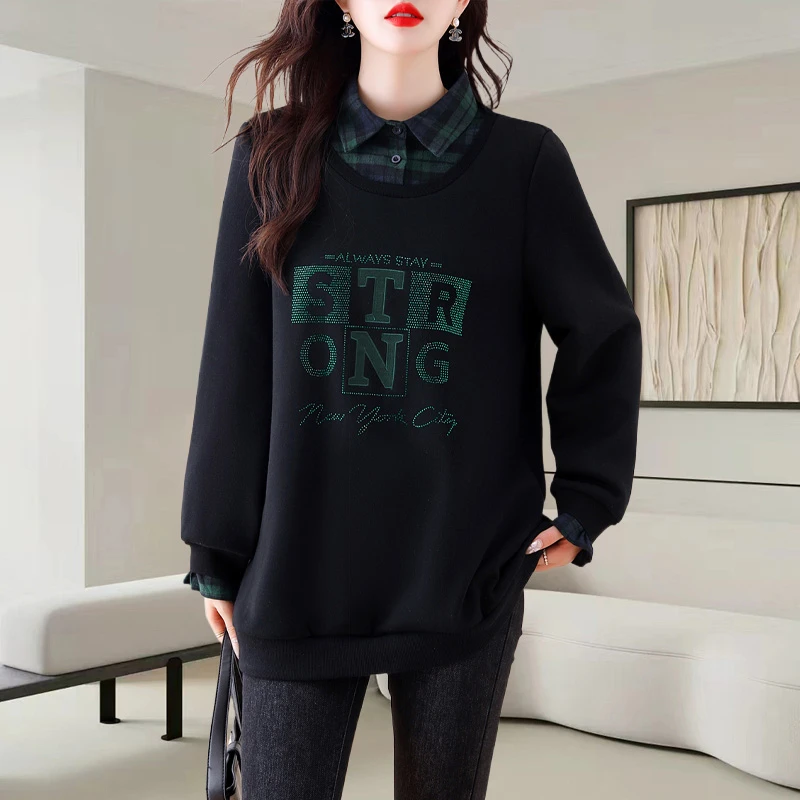 大码女装假两件无帽卫衣2025秋冬季新款内搭拼接减龄宽松长袖上衣