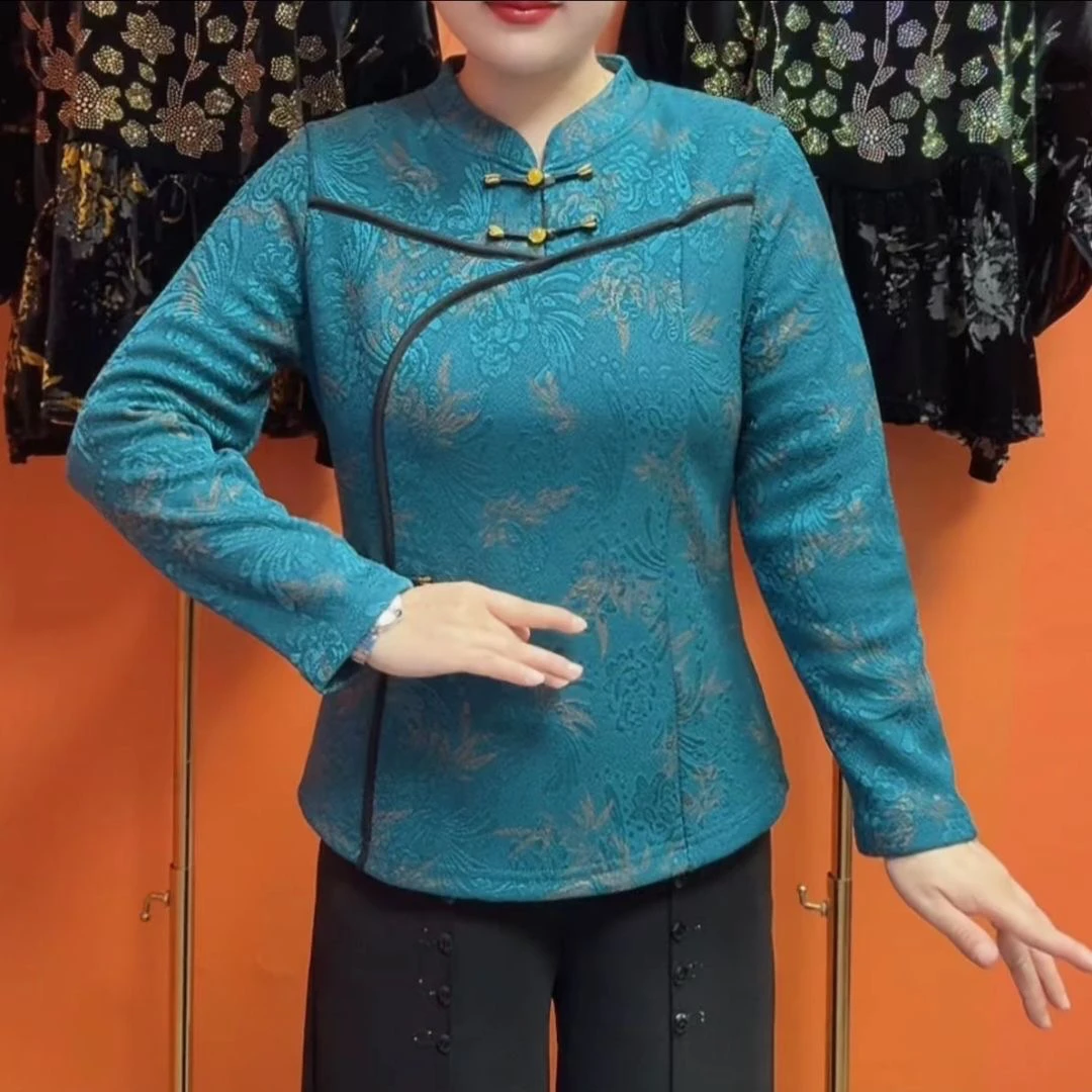 新年战袍保暖打底衫女加绒加厚复古旗袍款中老年妈妈修身唐装上衣