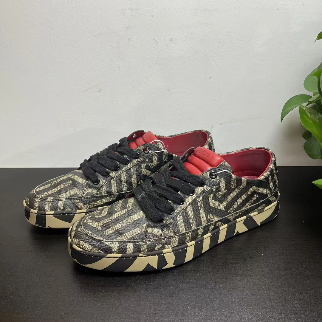 99新 GUCCI/古驰 39.5欧码黑棕条纹迷宫棕老花板鞋/百搭/潮流/