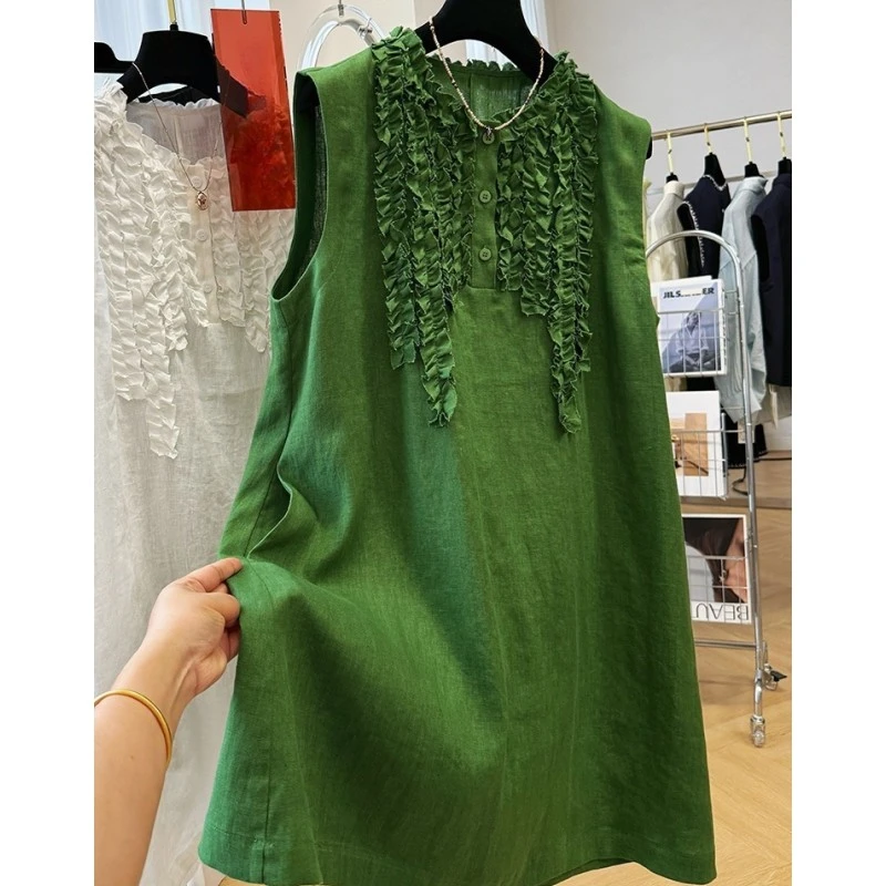 高级感重工时尚木耳边背心裙女夏季薄款高端无袖连衣裙中长款裙子