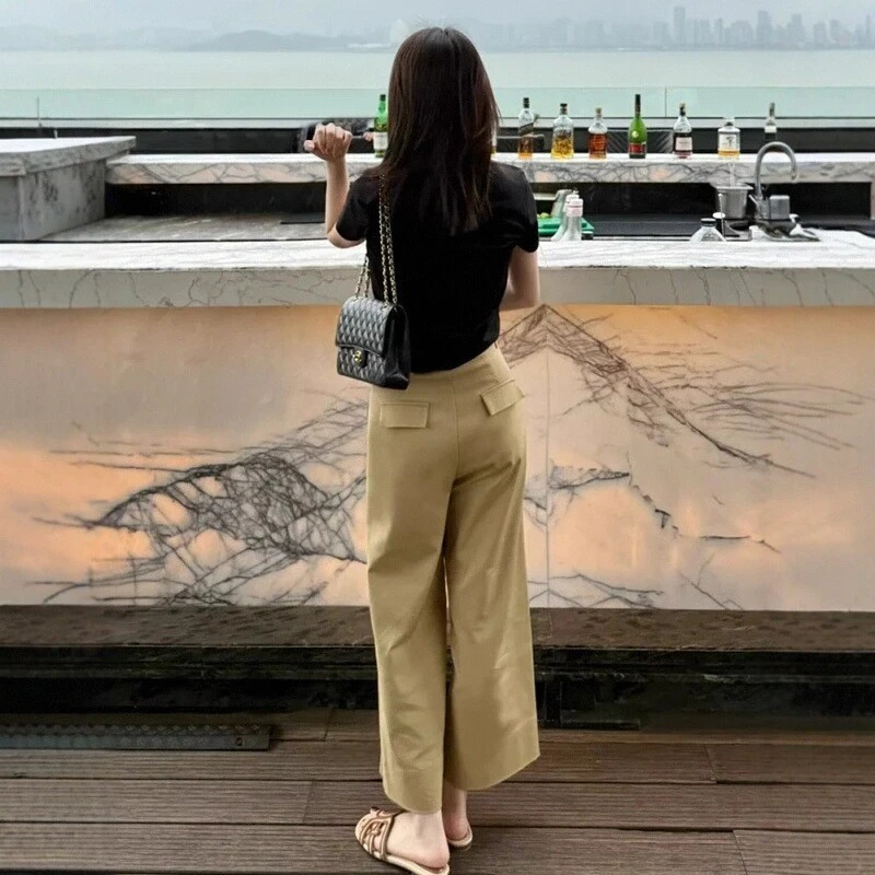 卡其色阔腿西装裤女夏季薄款大码高腰显瘦小个子休闲九分直筒裤子