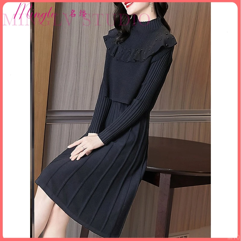 春秋款法式气质高腰半高领荷叶边针织马甲桔梗毛衣洋装两件套