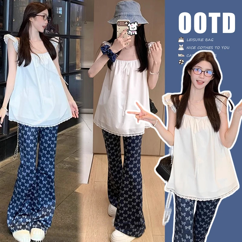 孕妇套装上班遮肚子春夏新款显瘦宽松上衣气质微喇裤辣妈时尚穿搭