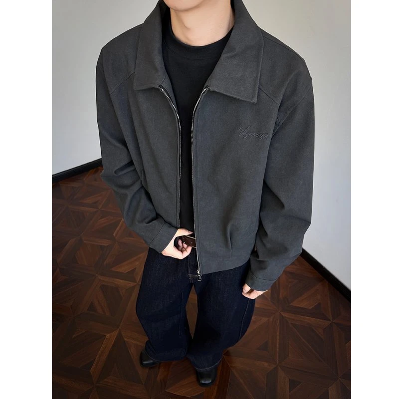 美式cleanfit灰色短宽行政夹克男春秋短款棒球高级感痞帅翻领外套