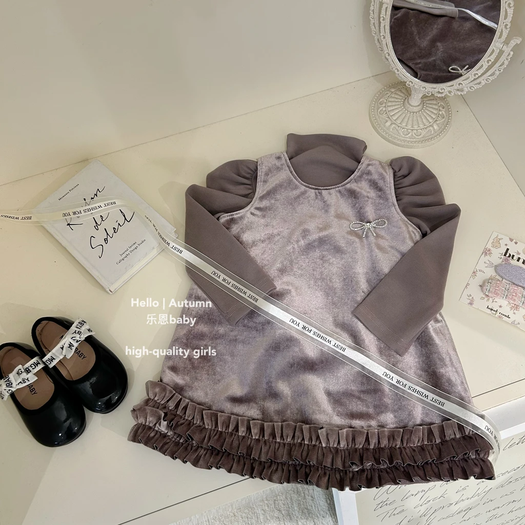 现秋冬【乐恩童装】女童季紫色加绒背心裙打底衫过年服连衣裙两件套
