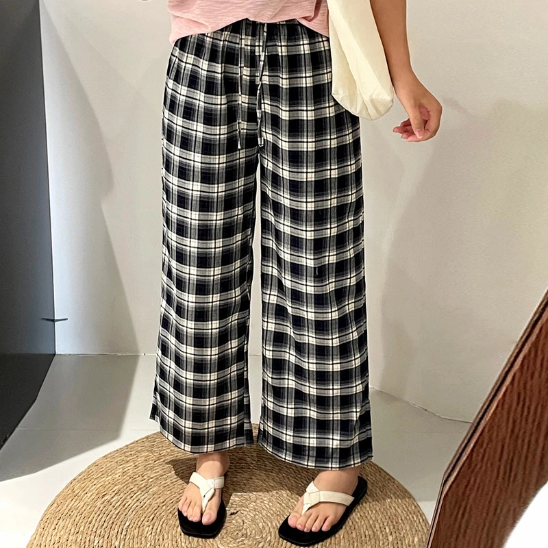 乃粒大码女装高腰裤格子裤2025夏款胖mm巨显瘦宽松阔腿裤女休闲裤