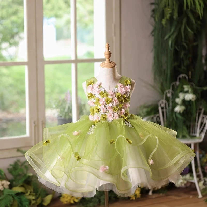 森系小女孩公主裙蓬蓬纱高端生日花童婚纱儿童主持钢琴花仙子礼服