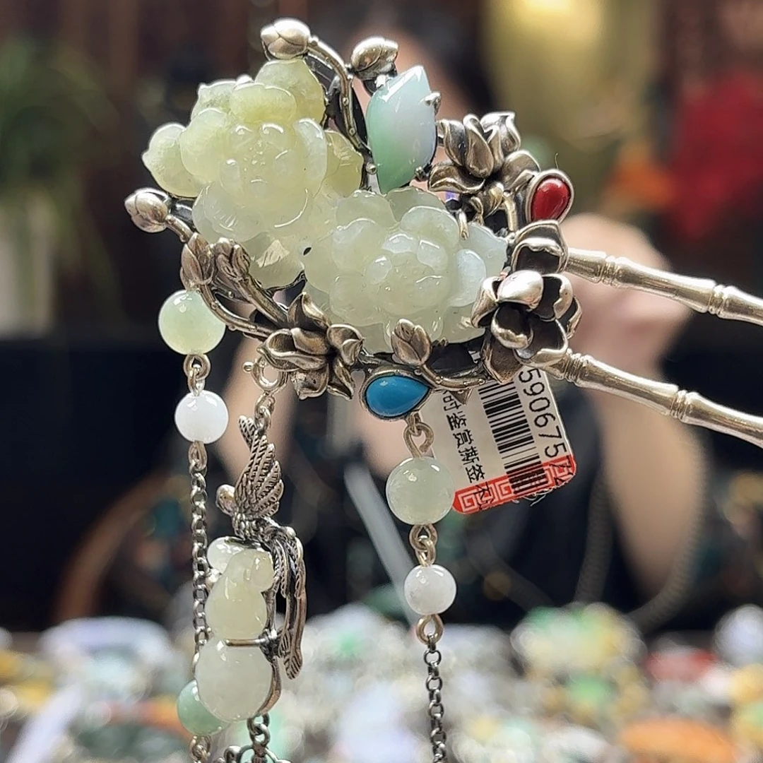 翡翠银S925镶嵌耳饰发簪