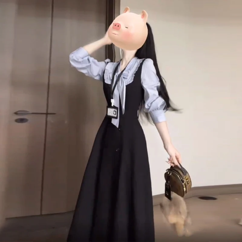 富家千金高级感穿搭学院风假两件条纹蝴蝶结收腰长袖衬衫连衣裙