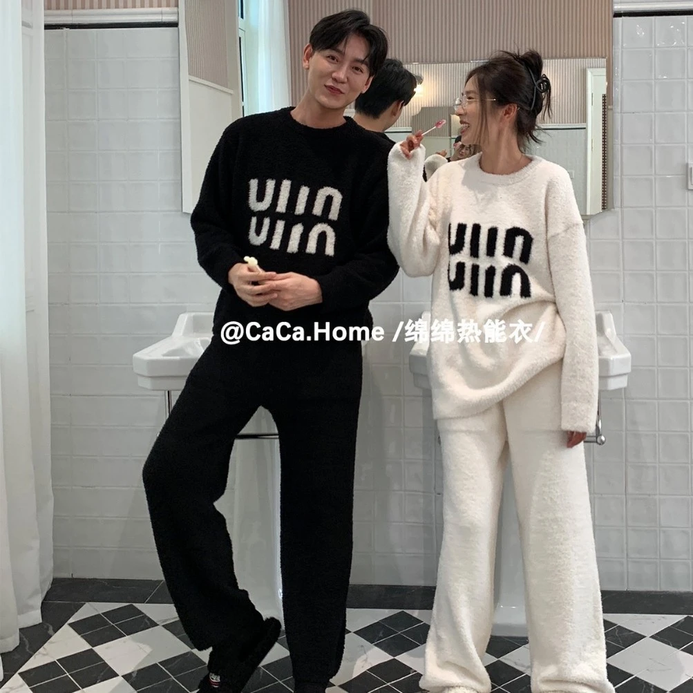 1082半边绒冬季情侣睡衣加绒加厚家居服女保暖弹力大码套装可外穿