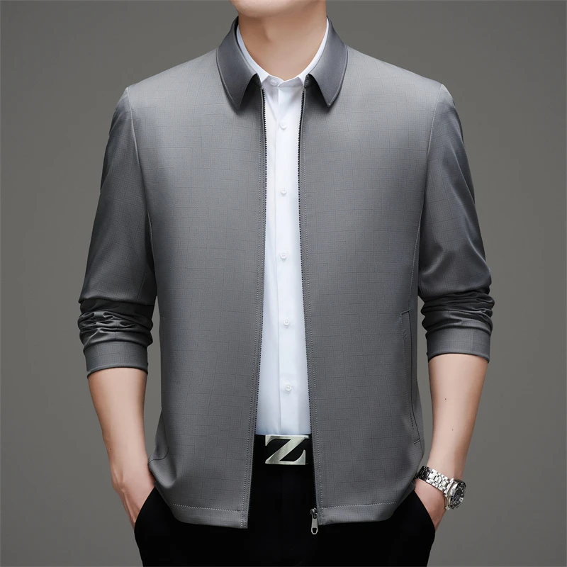 翻领夹克衫男春秋薄款时尚印花休闲外套宽松加大码胖子中年爸爸装