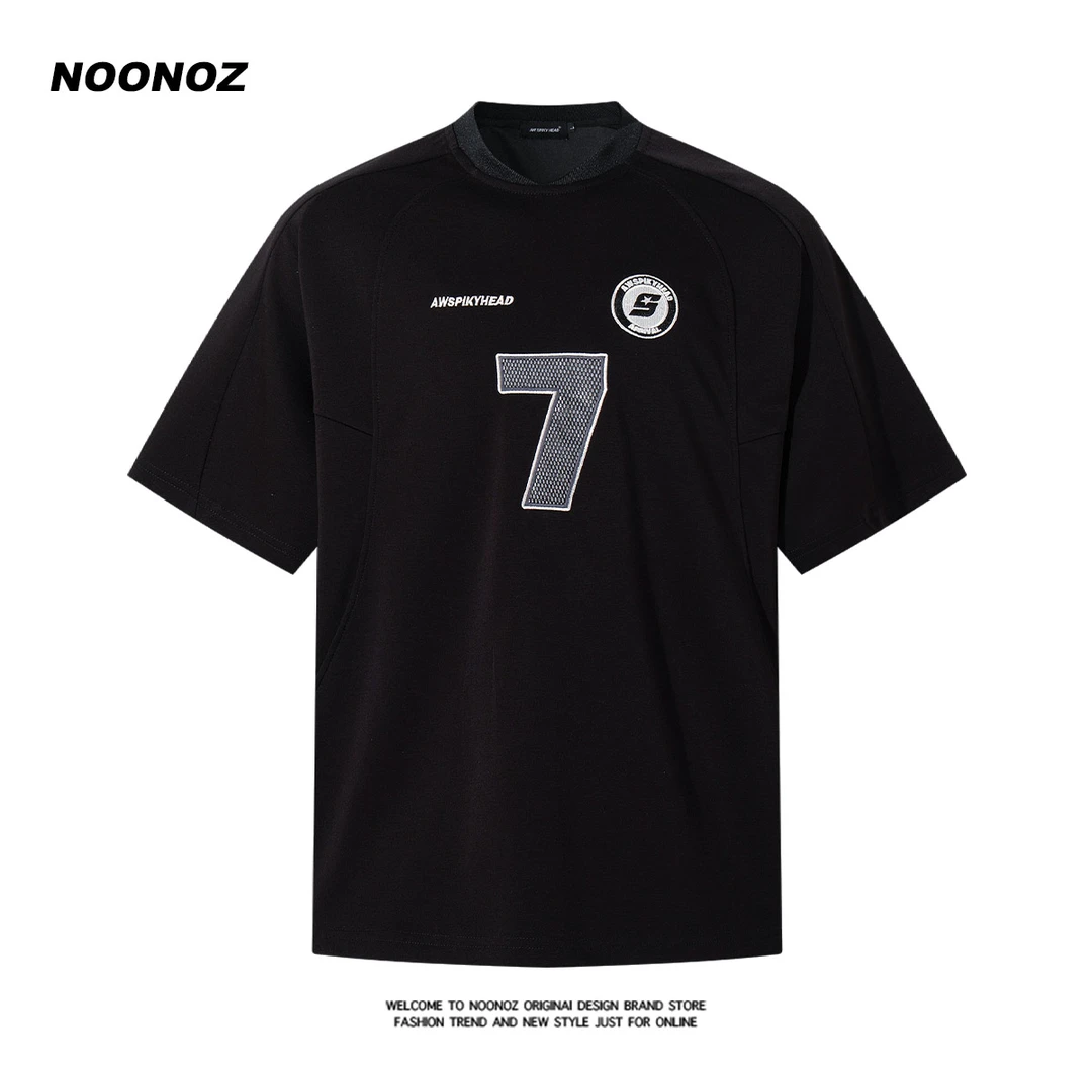 NOONOZ潮牌贴布数字小V领短袖T恤男夏季美式运动风透气半袖球衣