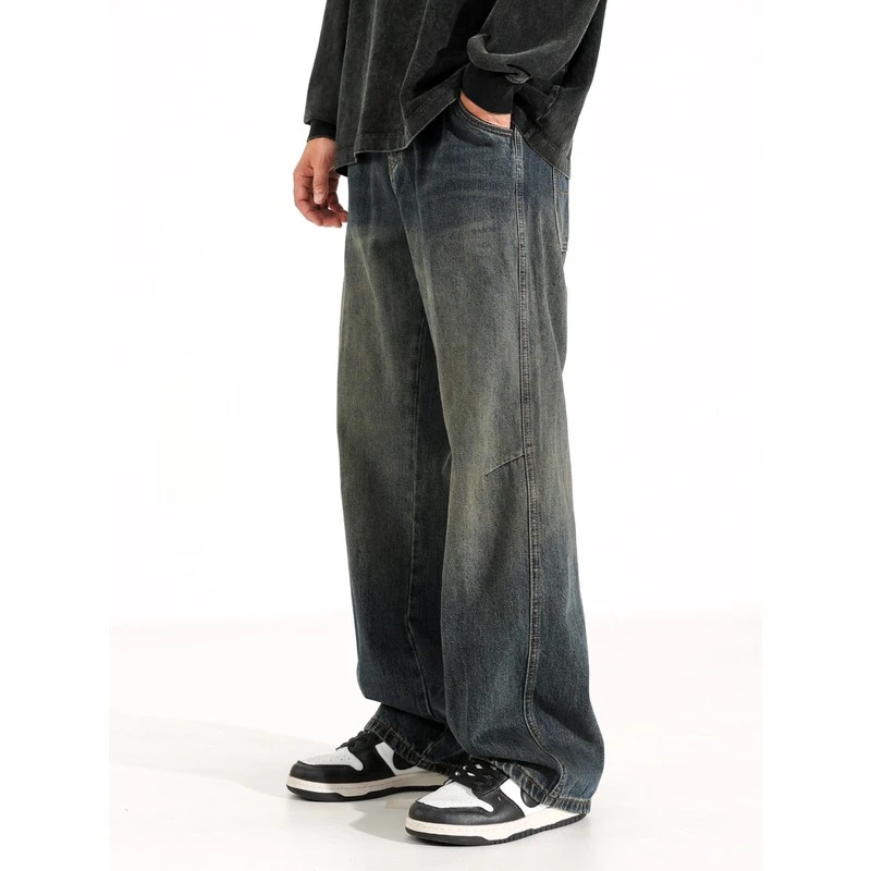 时尚通勤复古水洗做旧工装牛仔裤男士美式高街宽松阔腿直筒休闲裤