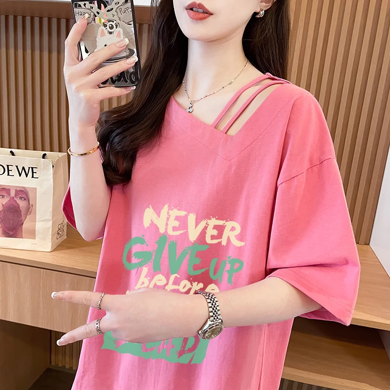2025夏季新款中长款纯棉短袖t恤女设计感小众大码潮斜领露肩上衣