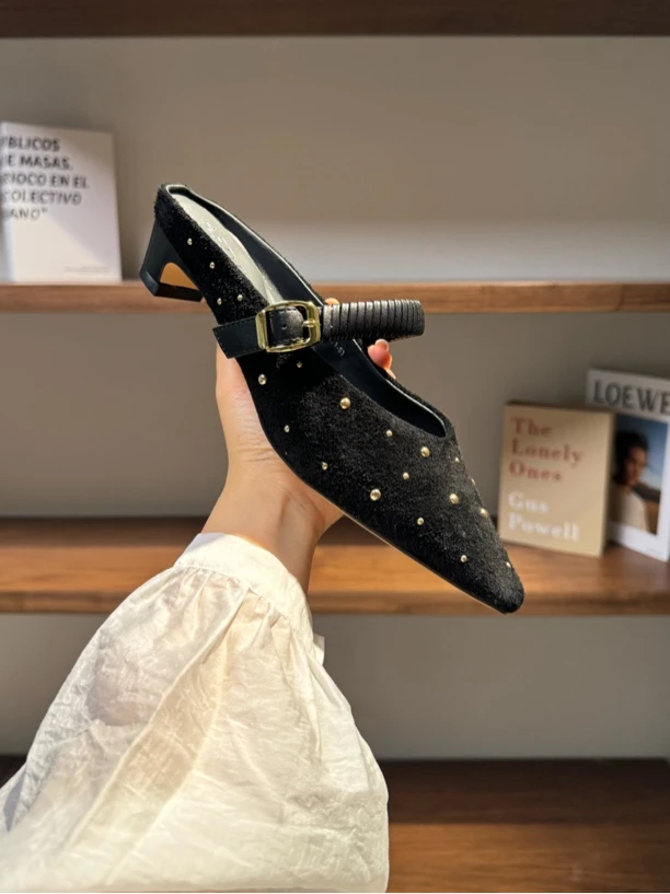 太有气质女人味｜尖头春夏耐磨一字拖高跟中跟半拖包头粗跟拖鞋