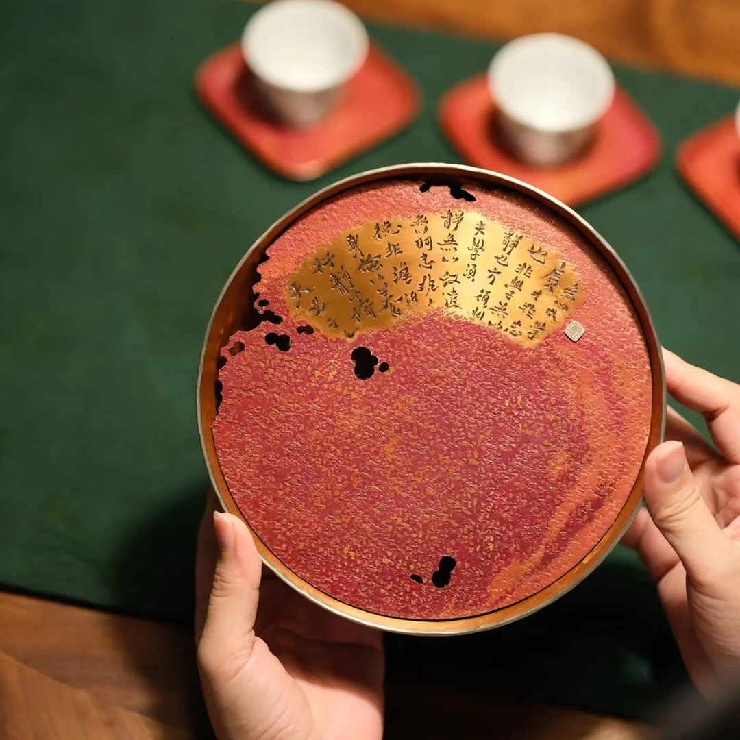 纯手工篆刻干泡盘紫铜镶银小型茶盘家用圆形沥水托盘高端复古茶海