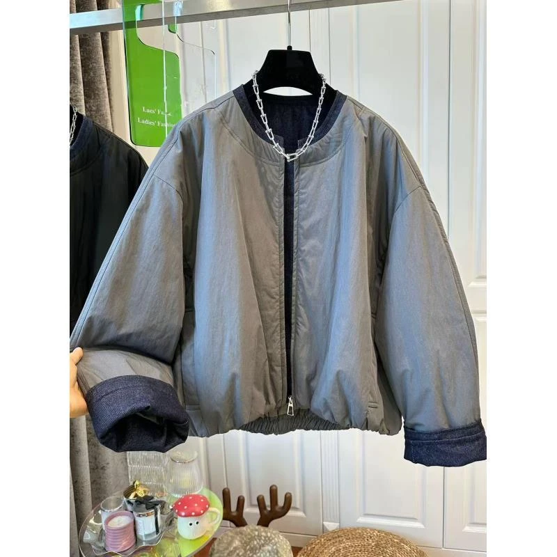 【牛仔拼色】冬新款高级感牛仔拼接设计宽松拉链圆领棉服外套Y50277