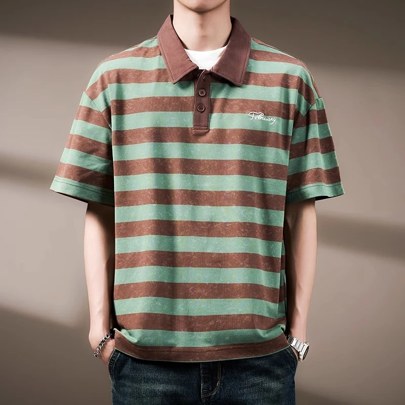 FMUHOX/放牧火星条纹潮牌宽松短袖T恤男士夏季新款美式复古polo衫