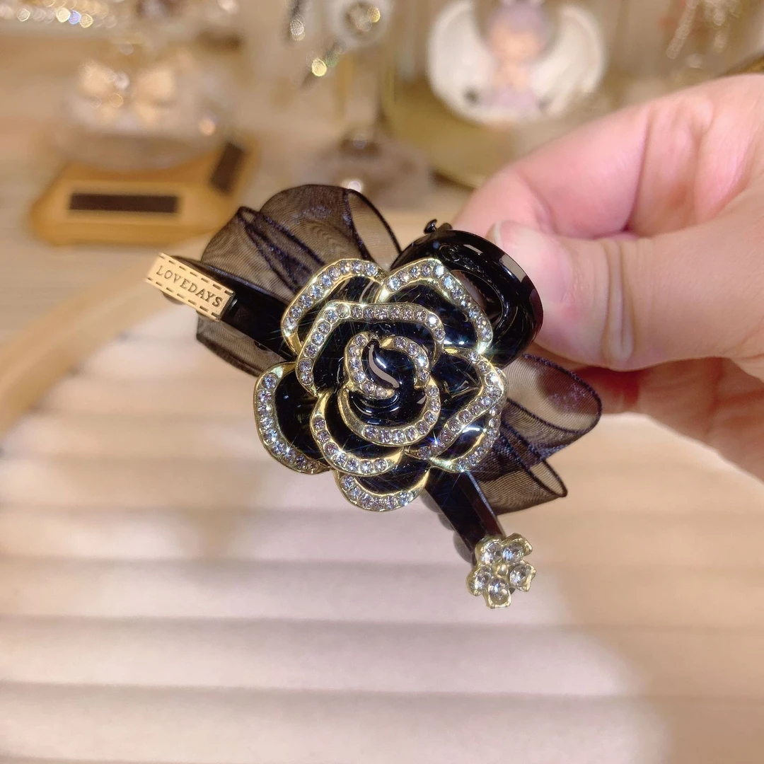 轻奢优雅山抓夹金边网纱蝴蝶结镶钻发夹脑勺盘发鲨鱼夹发卡