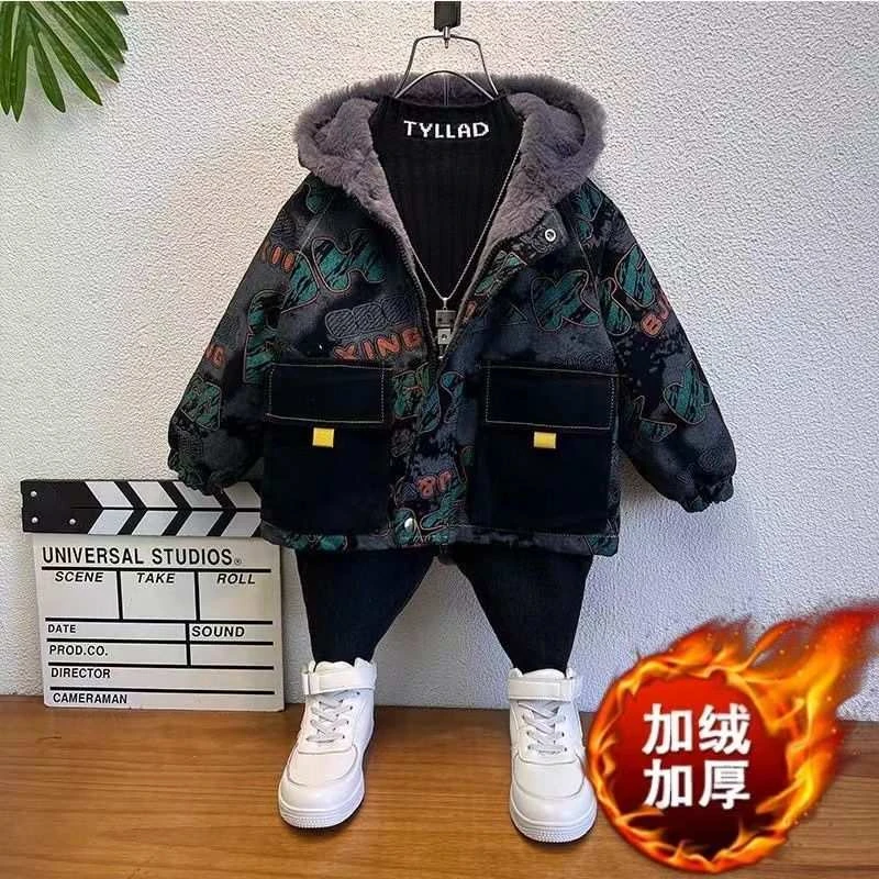 男童棉服冬季新款儿童加绒加棉牛仔上衣小男孩冬装连帽派克服外套
