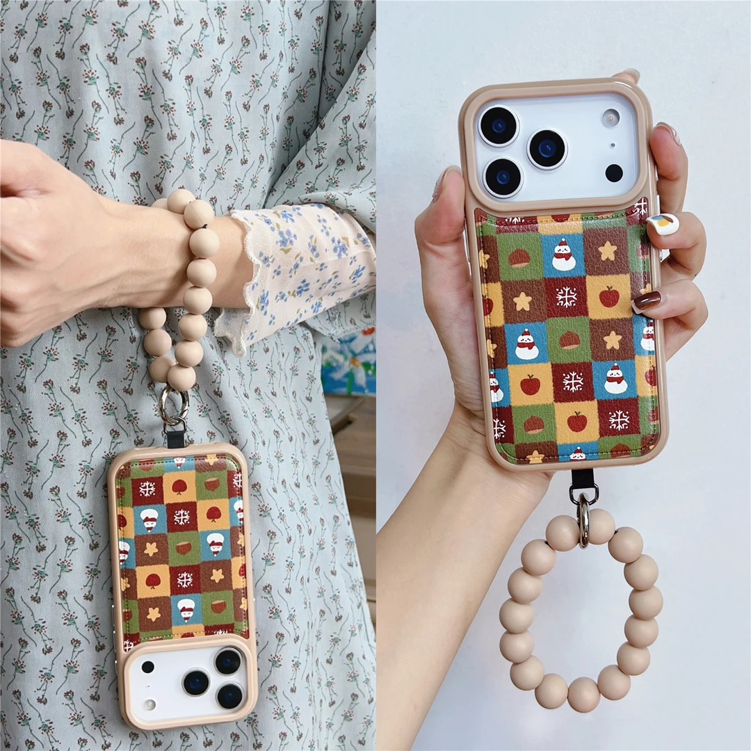 冬季皮质格纹圣诞雪人适用苹果17pm串珠iphone16promax手机壳1514