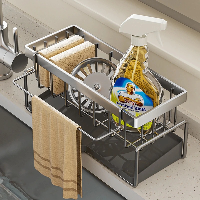 高品质免打孔厨房置物架子多功能落地洗碗池抹布挂架水槽台面沥