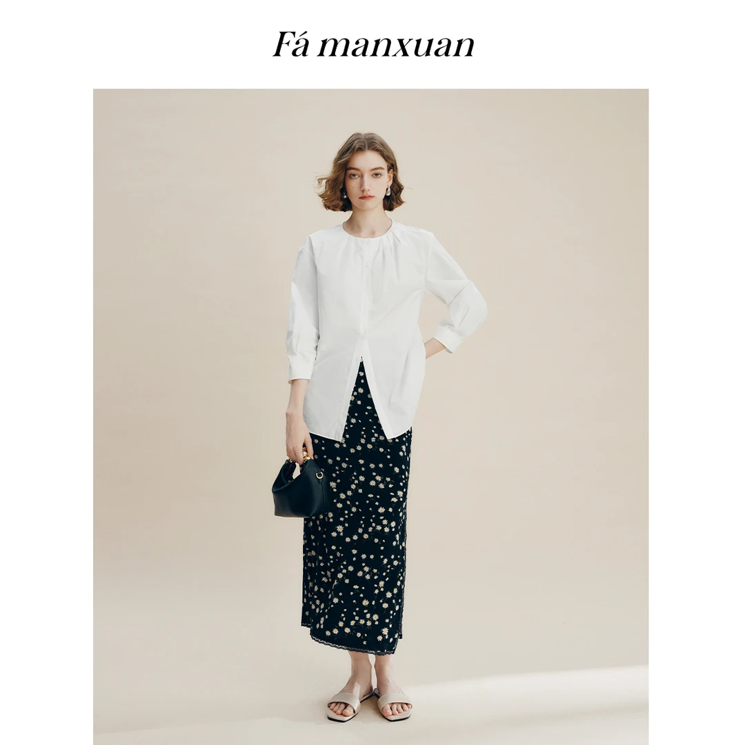 【达人专属】法曼萱蕾丝拼接开衩直筒半身裙女2025年秋BQ1484