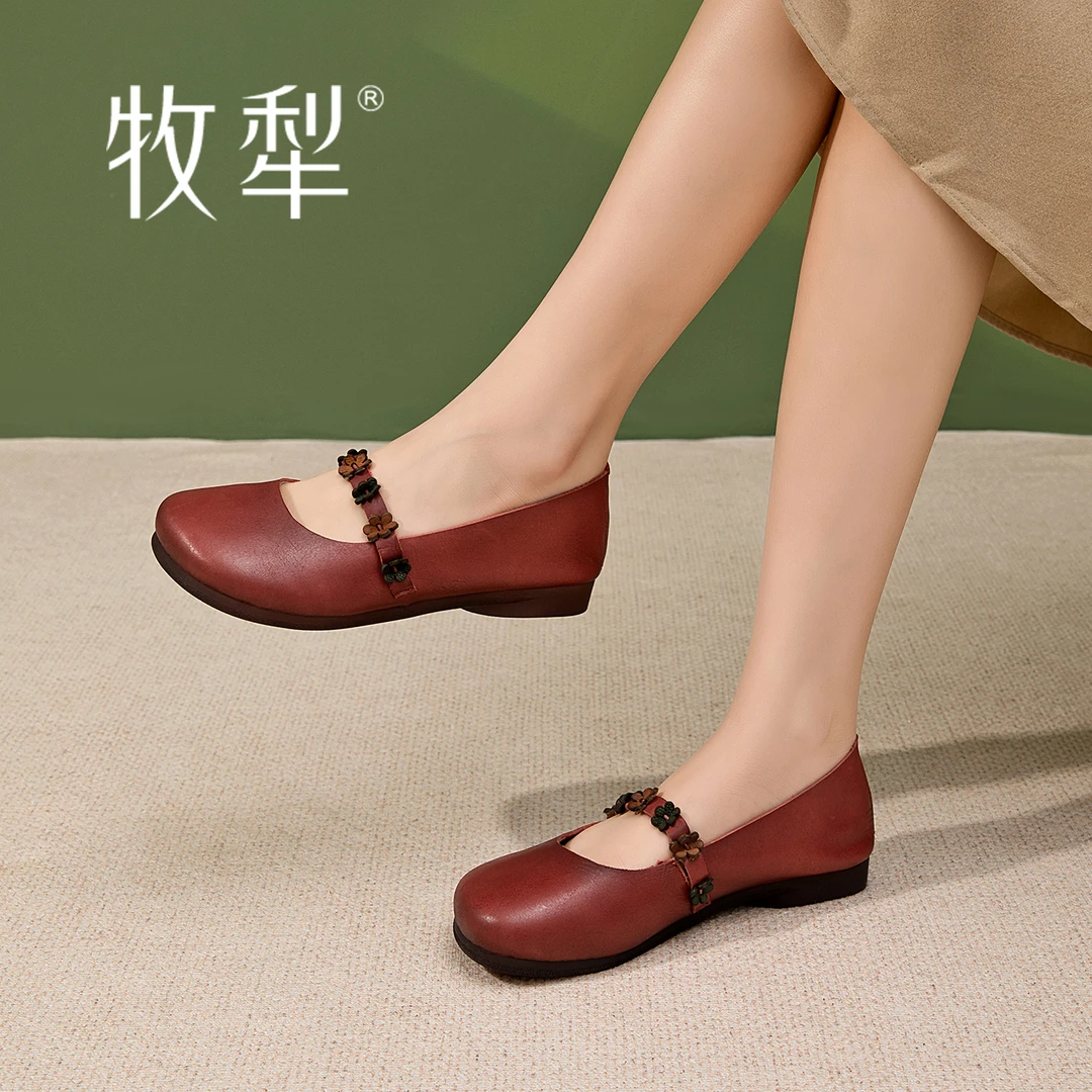 牧犁春秋新款复古头层牛皮舒适简约民族风透气轻便女浅口玛丽珍鞋