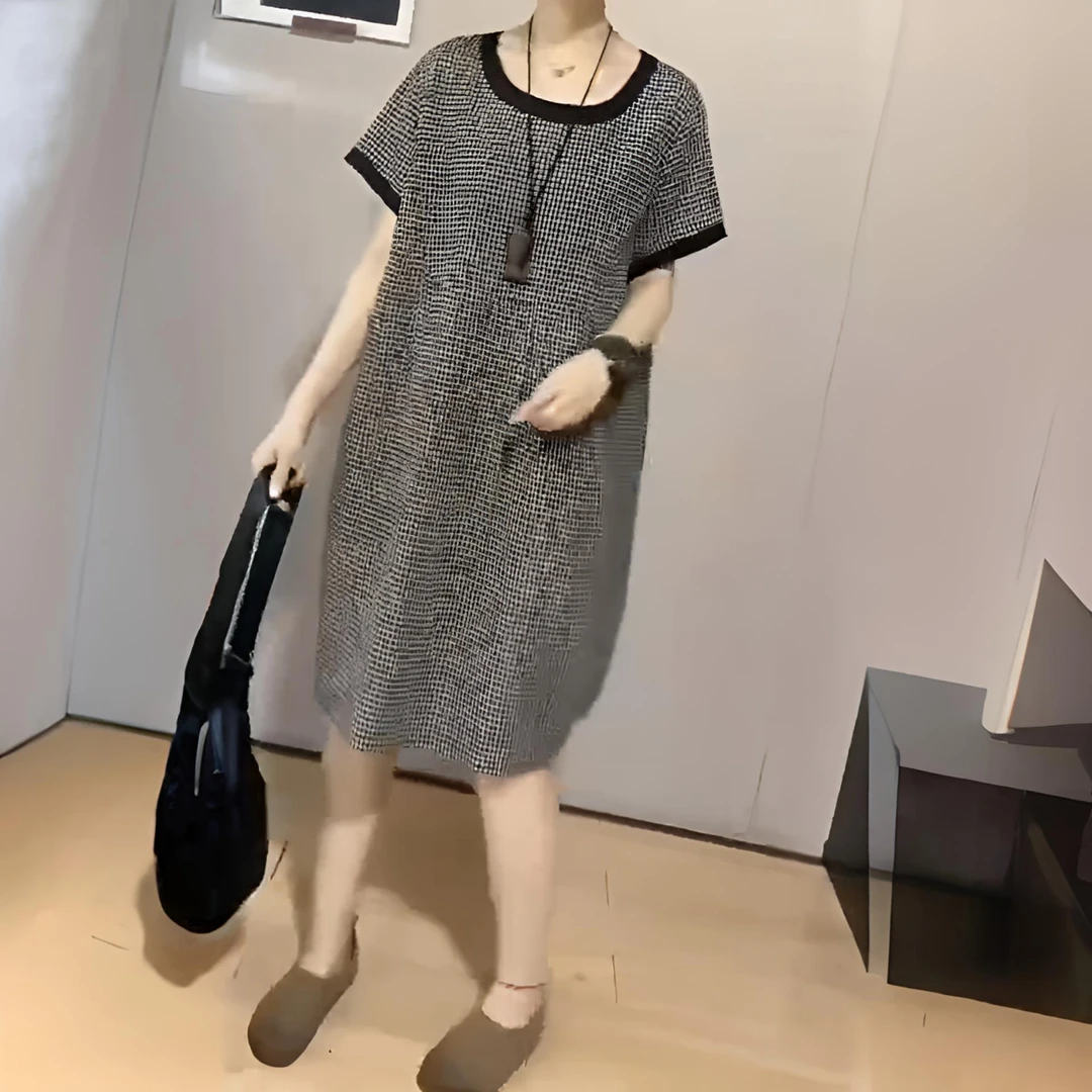 夏季大码千鸟格短袖宽松遮肉连衣裙