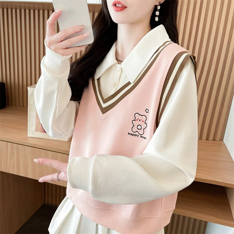 假两件宽松春季秋装卫衣女宽松新款小熊印花polo领马甲小个子衬衫
