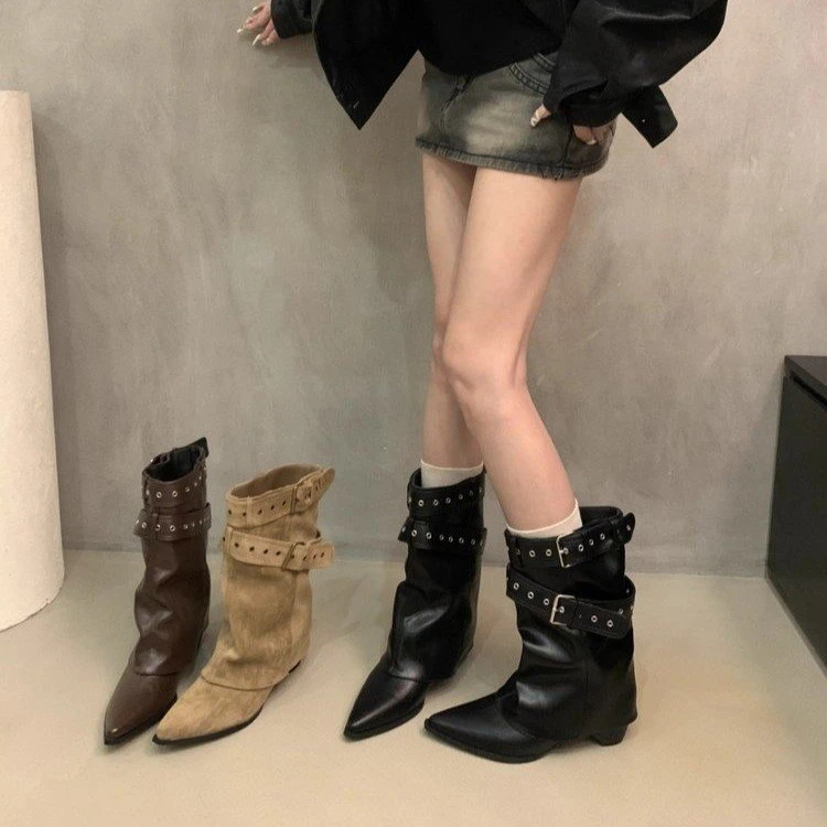 美式辣妹皮带扣裤管靴短筒靴女靴2025早秋新款小众设计短靴西部靴