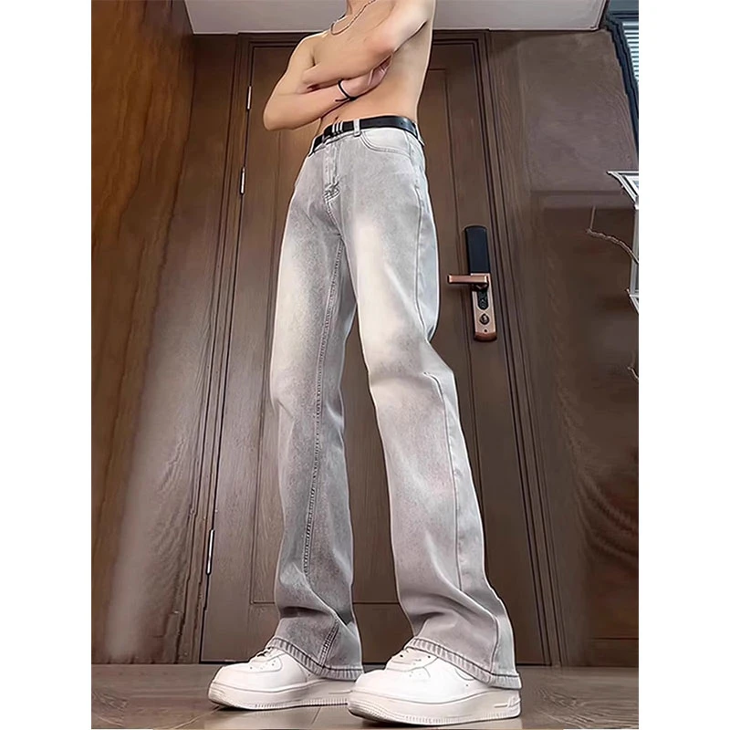 烟灰色弯刀微喇牛仔裤男款春秋季修身显瘦裤子美式cleanfit微喇裤