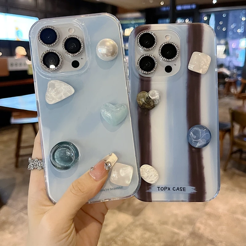 适用苹果系列iPhone16新款手机壳小众蓝棕条纹半包大孔透气保护套