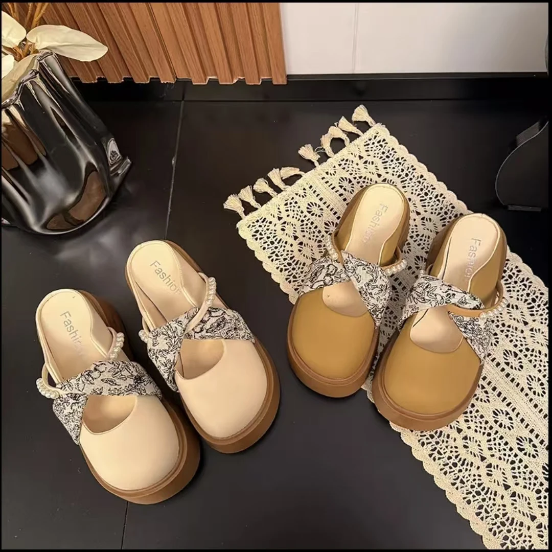 6CM 厚底增高包头半拖鞋女复古国风一脚蹬懒人凉拖百搭时尚勃肯鞋