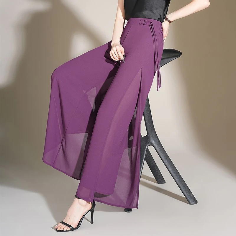 新款裙裤裤子直筒开叉2025高腰阔腿裤女垂感薄款雪纺长裤夏季国风