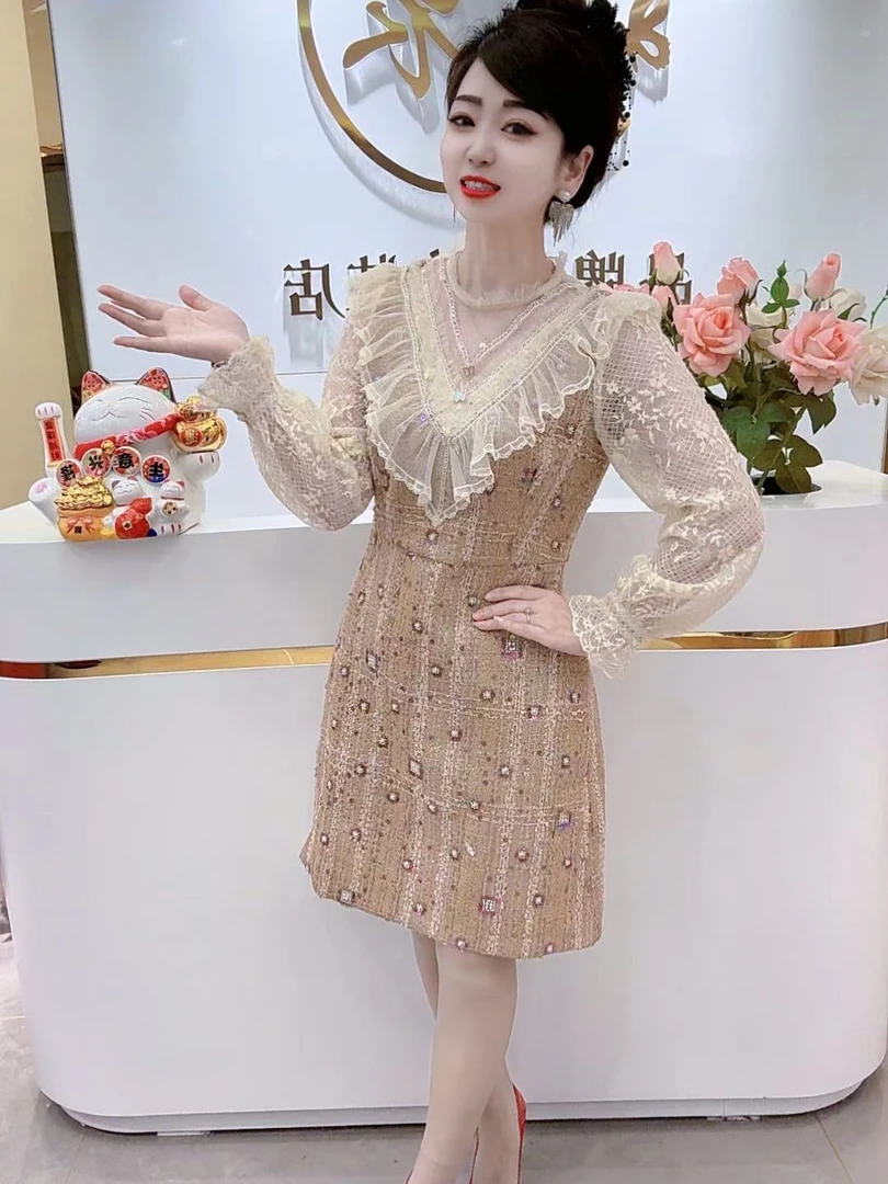 高级重工订珠洋气蕾丝显瘦法式时尚连衣裙