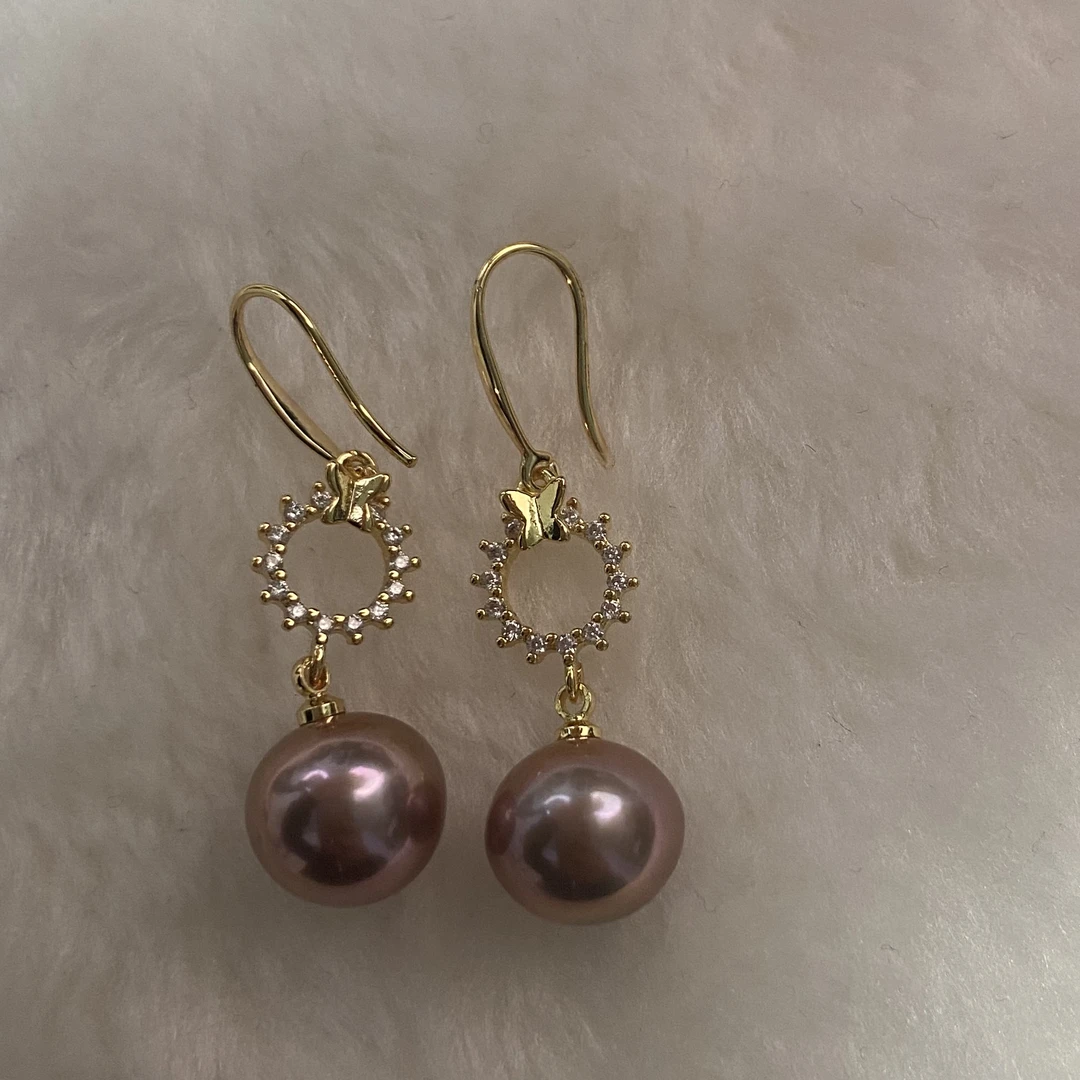 太阳花耳环10-11m天然珍珠设计款好看耳饰紫色耳勾时尚优雅轻奢