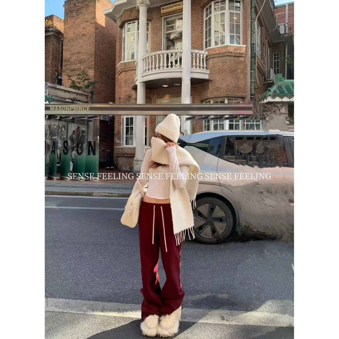 【抗冻裤】同色系！加绒加厚撞色抽绳直筒休闲裤（FE2911#）FEELING