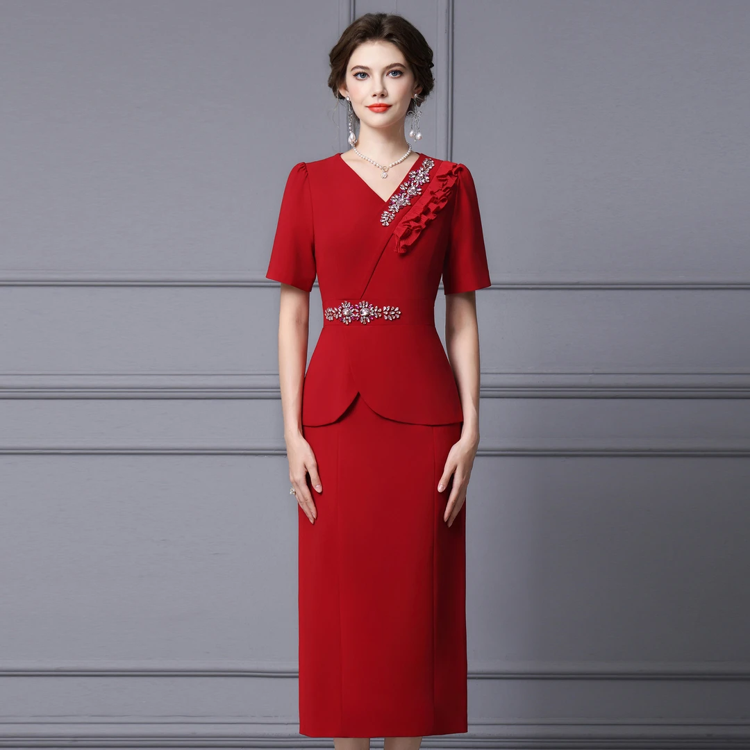 枝荔微胖重要场合连衣裙夏女2025新款钉钻高个子红色显瘦包臀裙子
