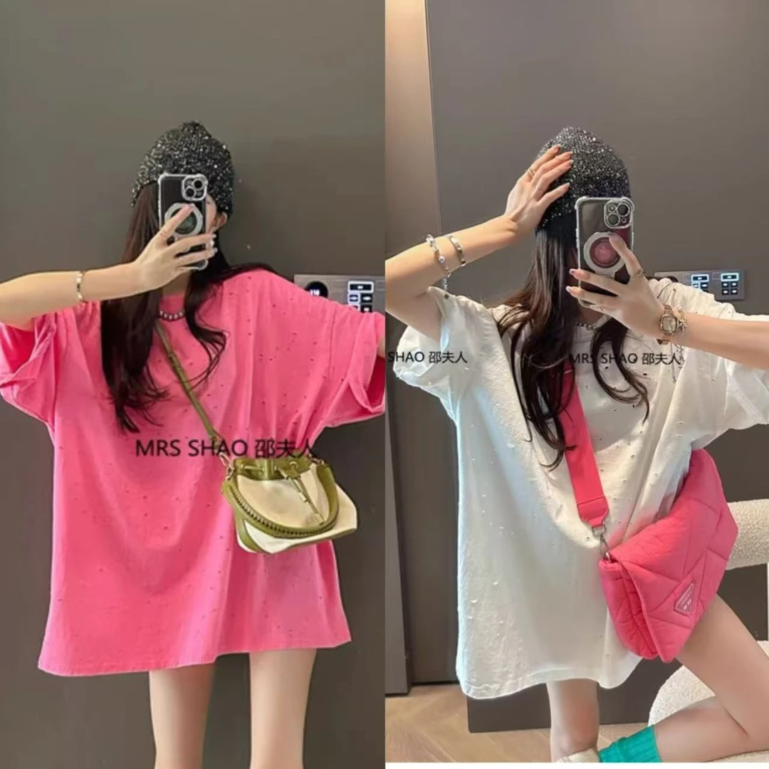 YY1758夏季新款韩版小破洞做旧宽松大版圆领短袖T恤女