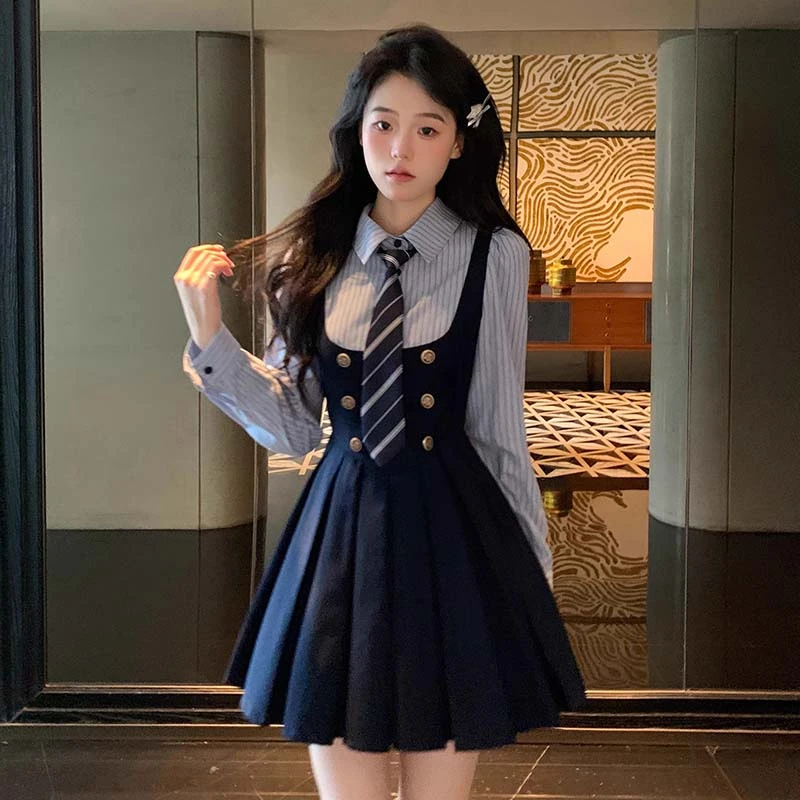 【送领带】2025春秋季新款制服套装女学院风修身假两件连衣裙D3325