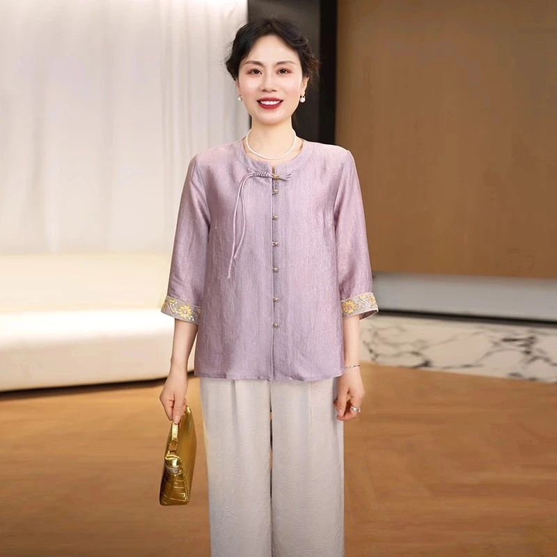 母亲节中年妈妈夏装新中式衬衣套装2025新款洋气中老年女装国风两