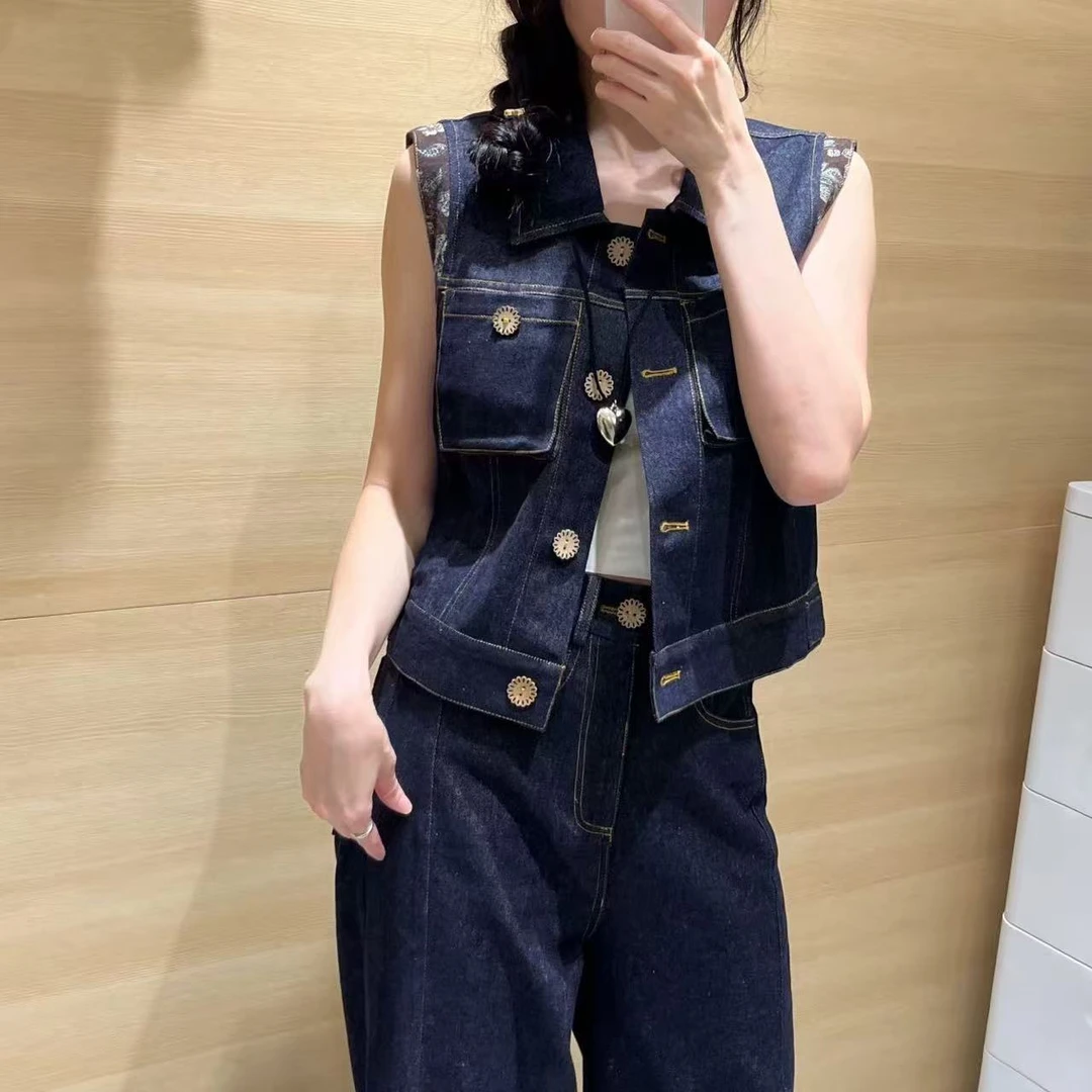 [婷婷家]牛仔马甲阔腿裤套装显瘦百搭气质洋气马夹时尚