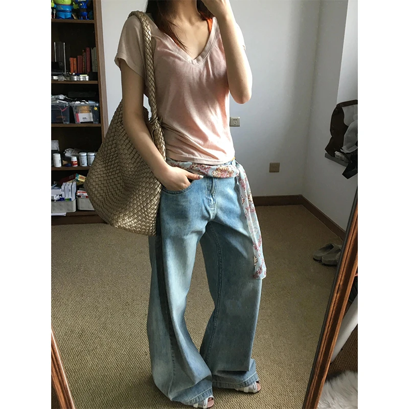 夏日穿搭套装内搭背心叠穿短袖T恤上衣显瘦休闲裤水洗阔腿牛仔裤