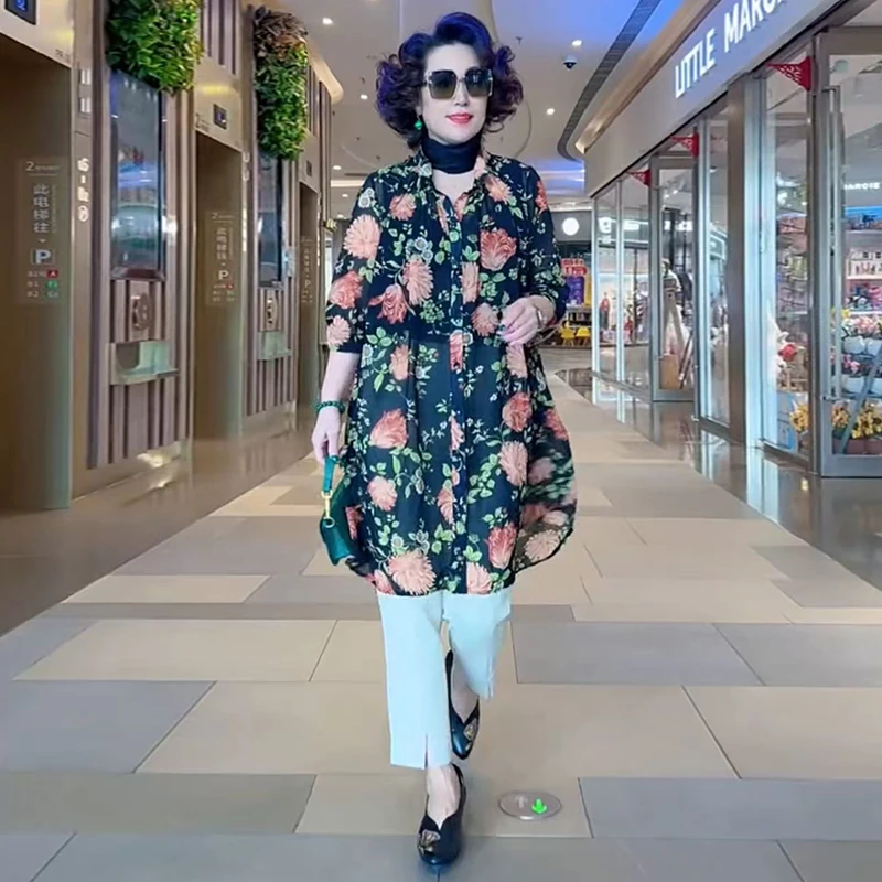 阔版乔其纱衬衫夏季新款时髦洋气妈妈中长款不规则上衣印花防晒衣