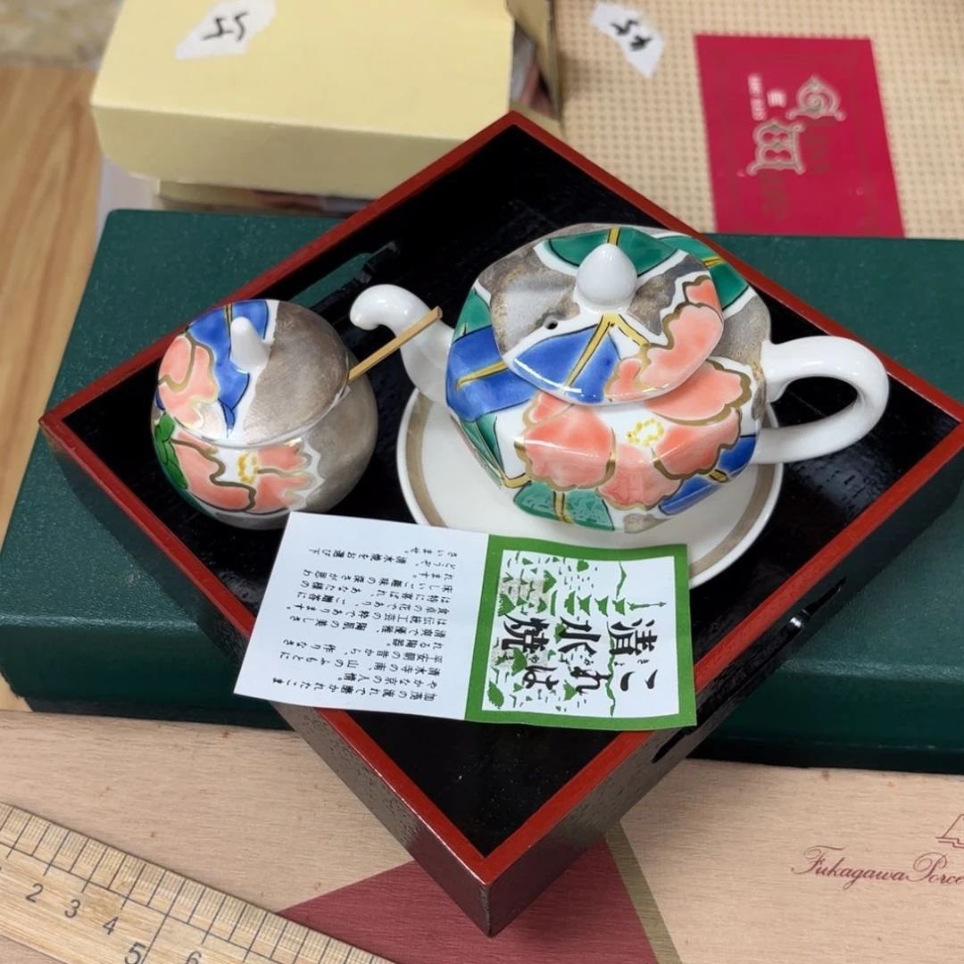 清水烧彩绘茶壶一套原盒35